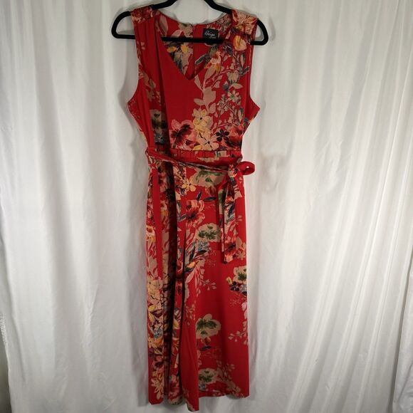 ECI Pants - Beige by ECI Jumpsuit Women's Medium Red Floral V-Neck Belted Wide Leg